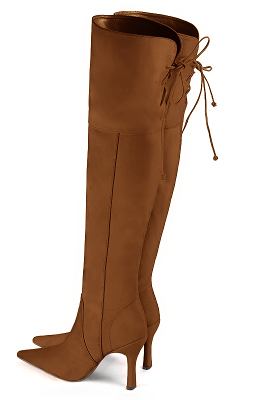Caramel brown women's leather thigh-high boots. Pointed toe. Very high spool heels. Made to measure. Rear view - Florence KOOIJMAN
